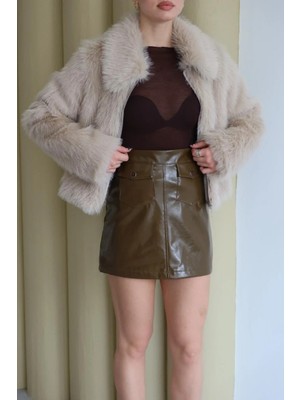 Fehu Bloom Yağ Yeşili Parlak Deri Cep Detaylı Etek