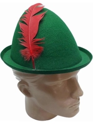 Peter Pan Şapkası Yeşil Renk Kırmızı Tüylü
