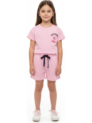 Toontoy Kız Çocuk 2'li Şortlu Takım Bisiklet Yaka Düşük Omuz Kısa Kollu  Baskılı Tişört - Beli Lastikli Bağlamalı Cepli Şort 25016