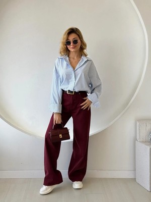 Fehu Bloom Yumuşak Dokulu Geniş Paça Pantolon Bordo