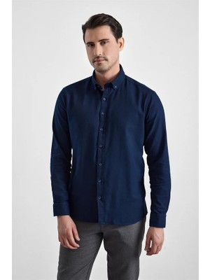 Süvari Lacivert Slim Fit Casual Gömlek Erkek Düğmeli Yaka Klasik Stil