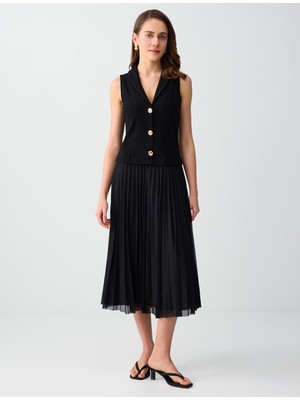 Jimmy Key Siyah Düğme Detaylı V Yaka Kolsuz Örme Midi Elbise