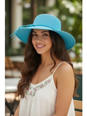 Bay Şapkacı Bağcıklı Kadın Geniş Kenarlı Hasır Şapka - Turkuaz Örgü Şerit Detaylı Geniş Kenarlı Kadın Hasır Plaj Şapkası