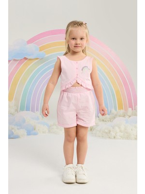 Minycenter Kız Çocuk Gökkuşağı Desenli Şort Tulum 2-6 Yaş Pembe
