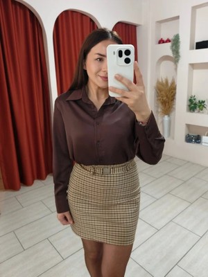 Ebru Emen Saten Kahve Gömlek