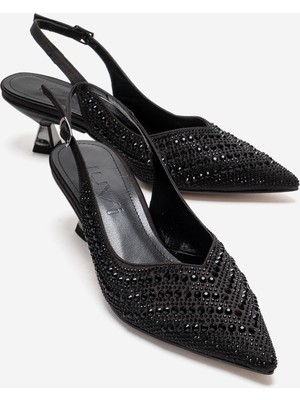 Luvi Royale Siyah Saten Taşlı Kadın Kısa Topuklu Abiye Ayakkabı