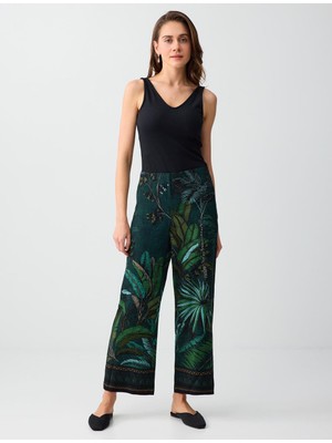 Jimmy Key Koyu Yeşil Keten Karışımlı Yüksek Bel Desenli Dokuma Pantolon