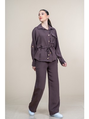 MissVina Bel Büzgü Detaylı Gömlek ve Bel Lastikli Spor Pantolon Çizgili Takım 1299