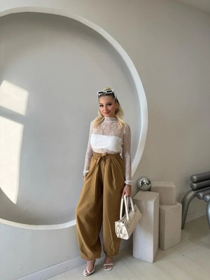 Fehu Bloom Beli Lastikli Şalvar Pantolon Hardal