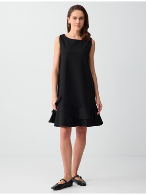 Jimmy Key Siyah Rahat Kesim Kayık Yaka Kolsuz Mini Örme Elbise