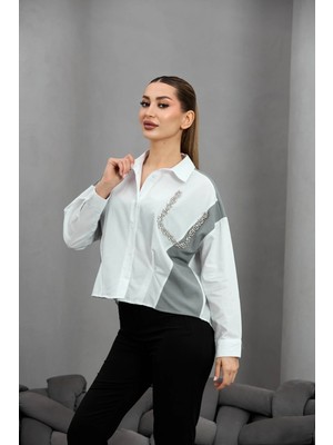 Fehu Bloom Beyaz Triko Karışımlı Taşlı Gömlek