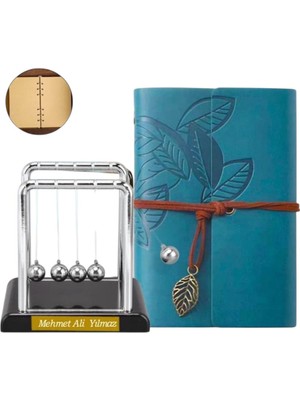 Keyfim Shop Kişiye Özel Newton Beşiği + Deri Kapaklı Defter Seti – Isim Yazılı Prestij Hediye