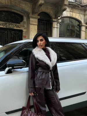 Meecy Kadın Beyaz Kürk Yaka Acı Kahve Deri Mont Ceket