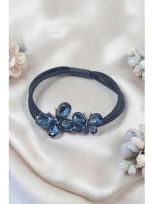 RALBAX Gaillarde Lastik Saç Tokası – Safir Mavi Kristal Taşlı Kelebek Tasarımlı Şık Kadın Aksesuar