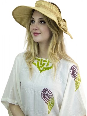 Bay Şapkacı Kırmızı Çiçek Detaylı ve Fiyonklu Kadın Hasır Vizör Şapka - Kadın Siperlik Şapka 3078