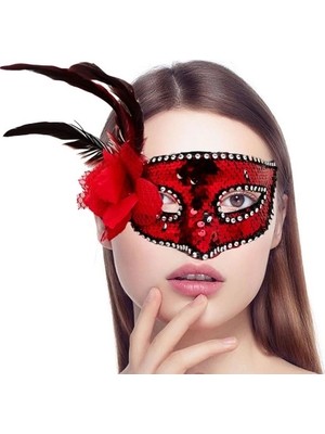 Eco Lounge Kırmızı Yandan Tüylü Güllü Taşlı Pullu Maske