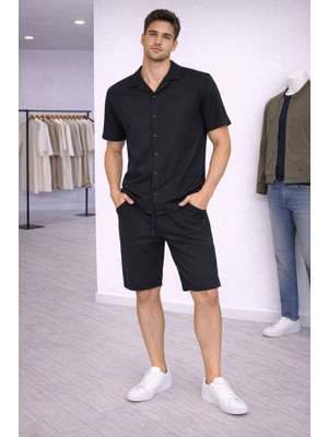 İnce Moda Giyim Basic Şortlu Erkek Takım – Gömlek & Şort Kombin (Siyah)