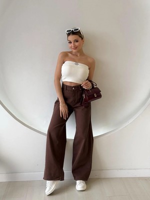 Fehu Bloom Yumuşak Dokulu Geniş Paça Pantolon Kahverengi