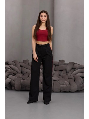Fehu Bloom Şerit Detay Palazzo Siyah Pantolon