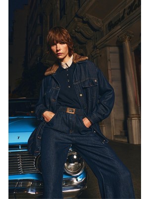 Senna 40017 Soul Kürklü Denım Ceket Koyu Mavi