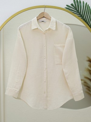 Modamorfo Eteği Oval Kesim Müslin Gömlek -Ekru