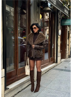 Meecy Yeni Sezon Kadın Deri Mont Kürk Yaka Mont Deri Kürk Yaka Deri Ceket Mont Kadın