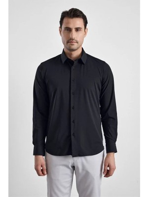 Süvari Siyah Slim Klasik Yaka Düz Casual Gömlek