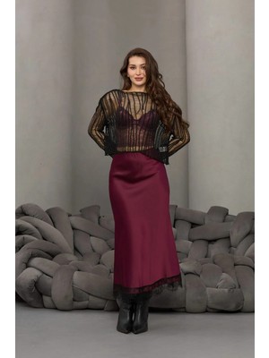 Fehu Bloom Beli Lastikli Dantelli Saten Etek Bordo