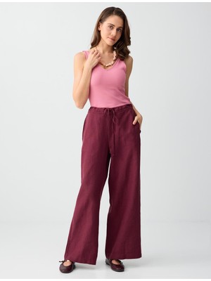 Jimmy Key Bordo %100 Keten Bol Paça Bağcıklı Yüksek Bel Pantolon