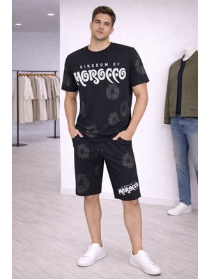 İnce Moda Giyim Morocco Baskılı Şortlu Erkek Takım – Oversize Tişört & Şort Set (Siyah)