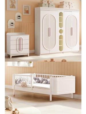 Setay Athena Çocuk Odası, Athena 4 Kapaklı Dolap ve Kitaplık, Şifonyer, Perla Karyola - Pembe