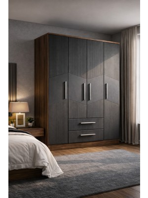 Mobilique Karbon No.3 Dört Kapaklı Iki Çekmeceli 10RAFLI Gardırop Çam-Antrasit