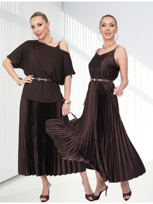 Qimya Butik Buketli Kadın Oversize Blüzlü Ayarlı Ip Askılı Astarlı Piliseli Uzun Saten Elbise