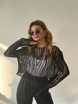 Fehu Bloom Ajurlu Triko Bluz Siyah