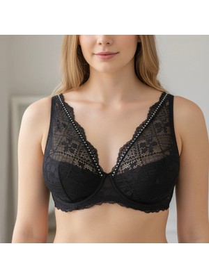 Bonbon Kadın Taş Baskılı Dantelli Toparlayacı Siyah Renk Sütyen BB2420