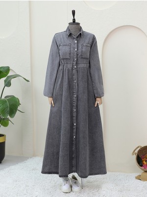 Modamorfo Beli Lastikli Yan Cepli Kot Elbise -Füme