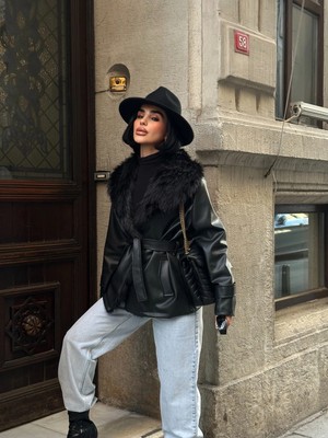 Meecy Kadın Siyah Kürk Yaka Deri Mont Ceket