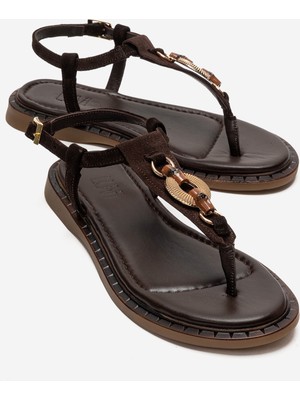 Luvi Tıana Kahverengi Süet Hakiki Deri Tokalı Parmak Arası Kadın Sandalet