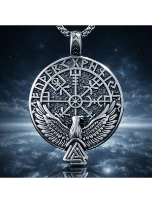 Paslanmaz Çelik Nordic Mitoloji Vegvisir  Kuzgun Raven Detaylı Viking Kolye