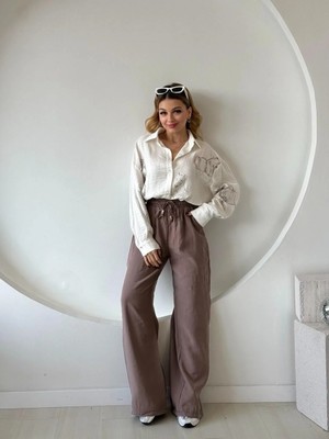 Fehu Bloom Kahverengi Beli Lastikli Bol Paça Palazzo Pantolon