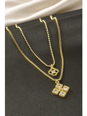 Ebijuteri Dikdörtgen Zirkon Taşlı Çelik Ikili Kolye