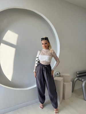 Fehu Bloom Beli Lastikli Şalvar Pantolon Antrasit