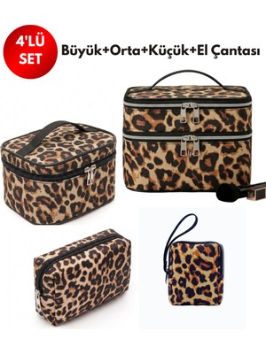 NS Reliable 4’lü Set Makyaj ve Kozmetik Seyahat Çantası - Su Geçirmez Düzenleyici Valiz Içi Organizer Leopar