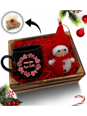 As Gift Mini Kasa Içerisinde Kardan Adam & Kişiye Özel Siyah Kupa Hediye Seti