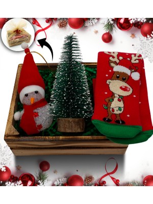 As Gift Mini Kasa Içerisinde Çam Ağacı & Kardan Adam & Yılbaşı Çorabı Hediye Seti