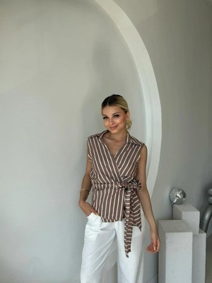 Fehu Bloom Bağlama Detaylı Kolsuz Çizgili Gömlek Kahverengi