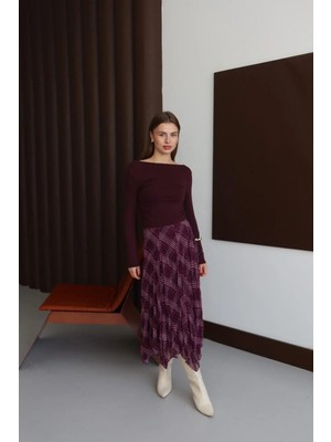 Fehu Bloom Mürdüm Kareli Şifon Etek