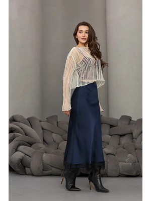 Fehu Bloom Beli Lastikli Dantelli Saten Etek Lacivert