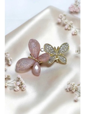 RALBAX Bergenie Saç Aksesuarı – Kristal Taşlı ve Pembe Kanatlı Çift Kelebekli Şık Kadın Tokası