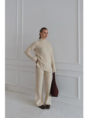 Fehu Bloom Triko Saç Örgülü Pantolon Kazak Takım Bej